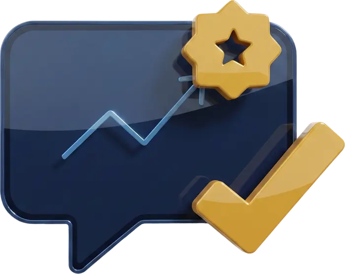 Support chat bubble with a rising performance line and a star