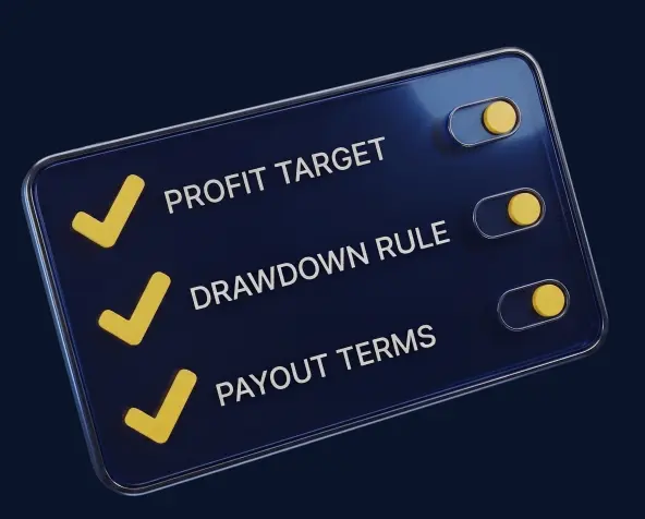 Checklist of profit target, drawdown, and payout rules